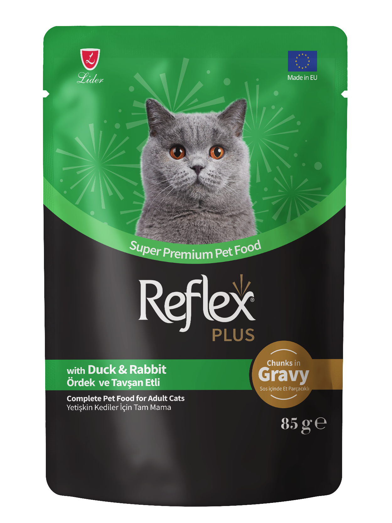 Reflex Plus Sos İçinde Et Parçacıklı Ördekli & Tavşanlı Yetişkin Kedi Maması 85g